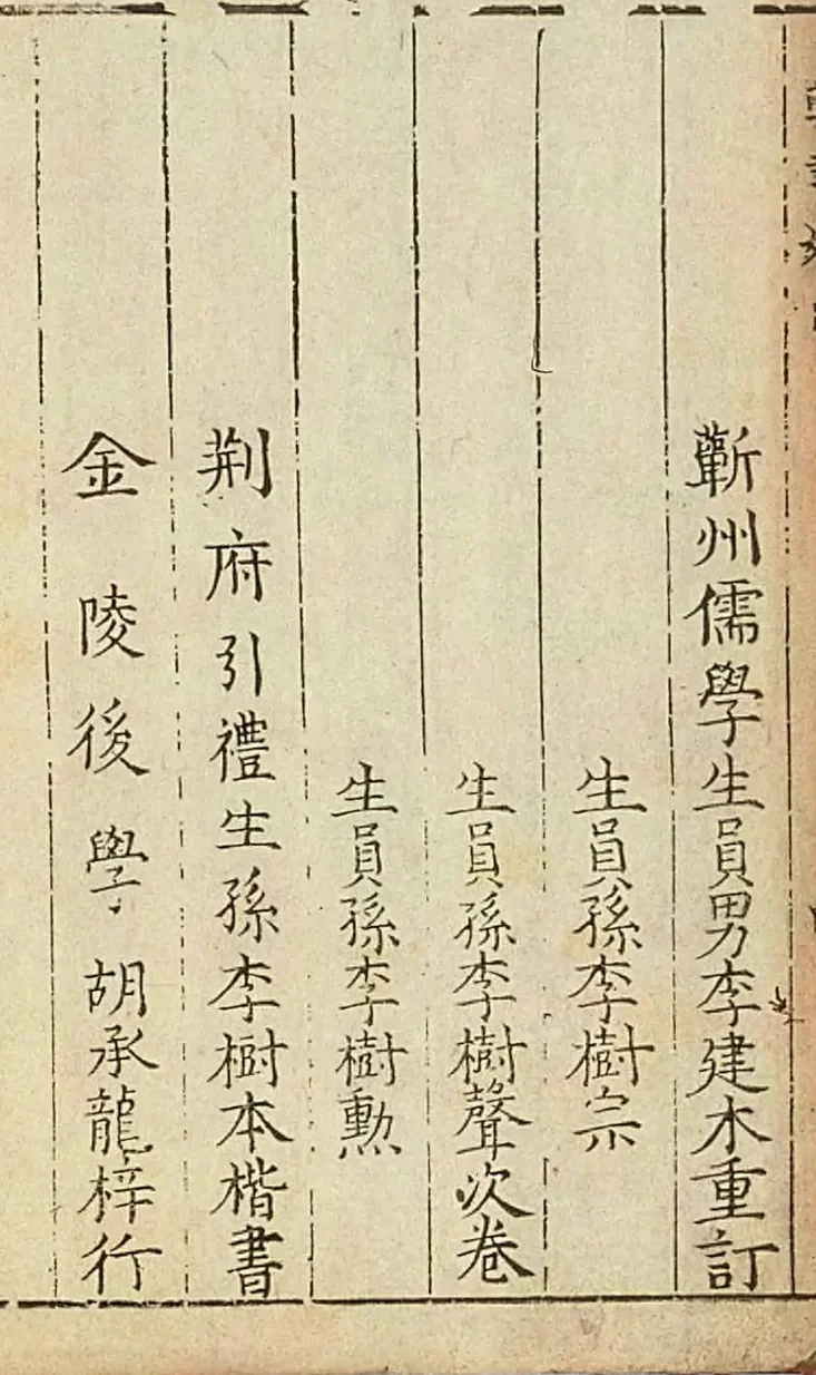 古籍書影:直排刻字六行,列出李時珍子孫的姓名,最後一行是「金陵後學胡承龍梓行」