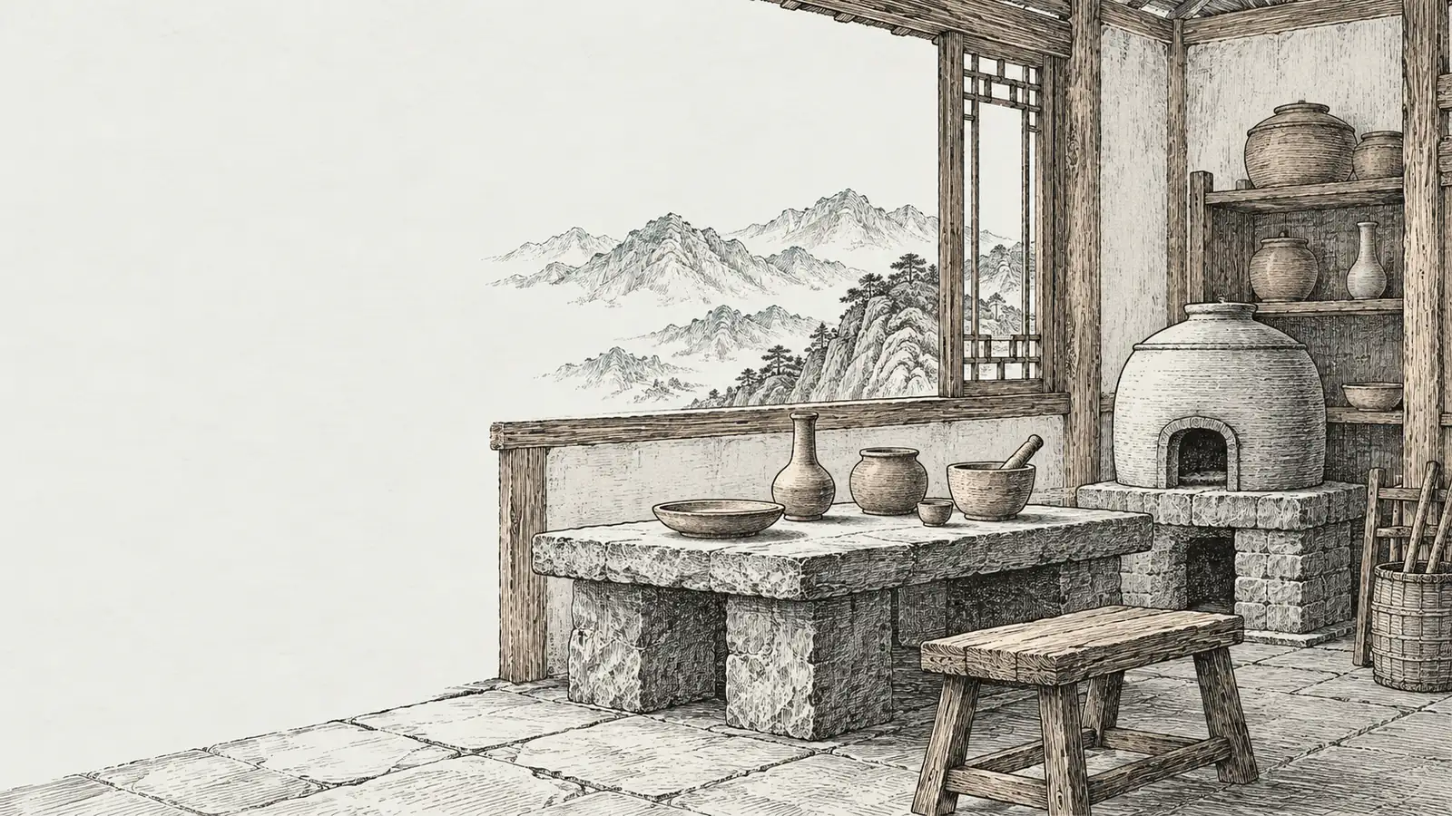 木刻淡彩：山居丹房一角，石案上擺著陶罐、碗與研缽，旁邊一座土丹爐，窗外遠山