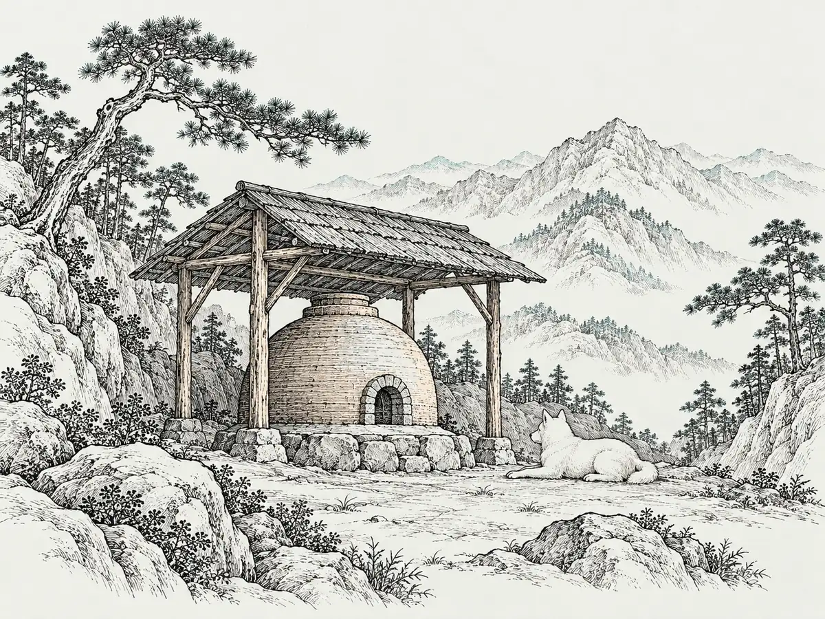 木刻淡彩：山中松樹下的草頂棚子裡有一座圓頂丹爐，爐旁臥著一隻白狗