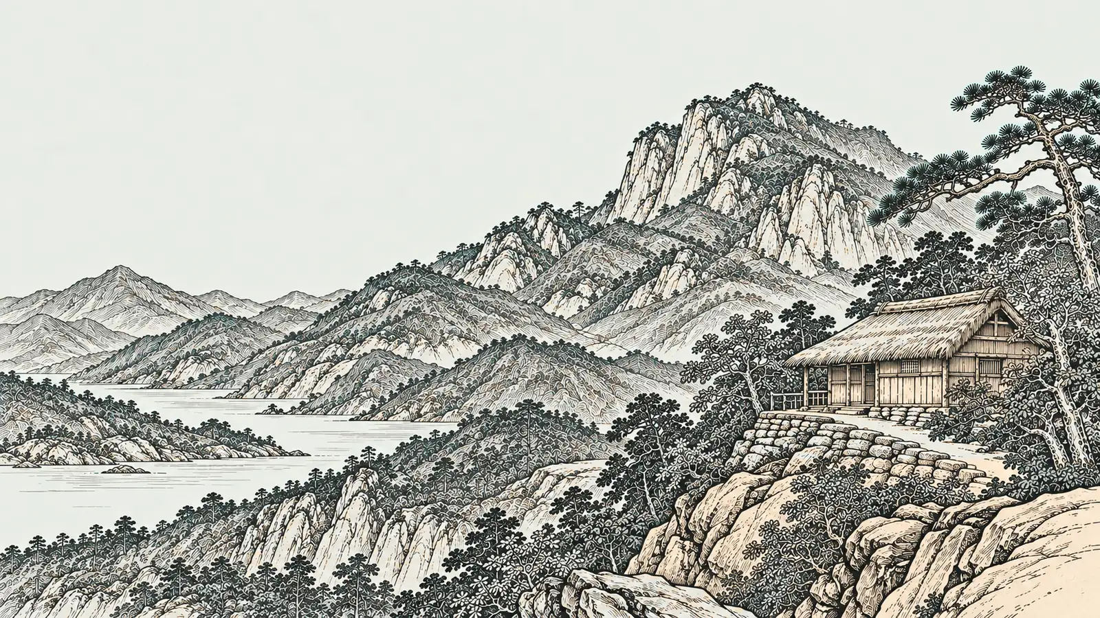 木刻淡彩:羅浮山群峰間的一座草廬