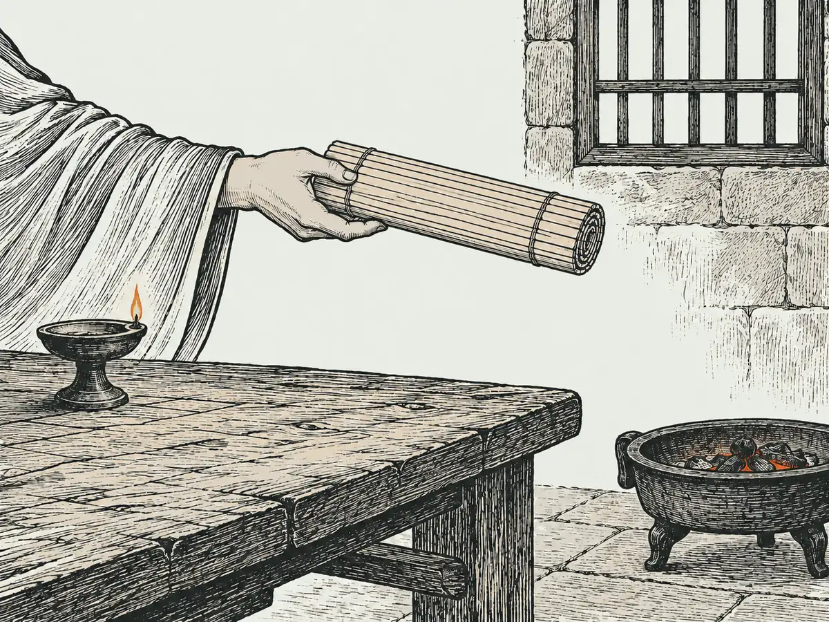 木刻淡彩:獄中石牆窗下,一隻手遞出空白竹簡書卷,桌上一盞油燈,旁邊一只火盆