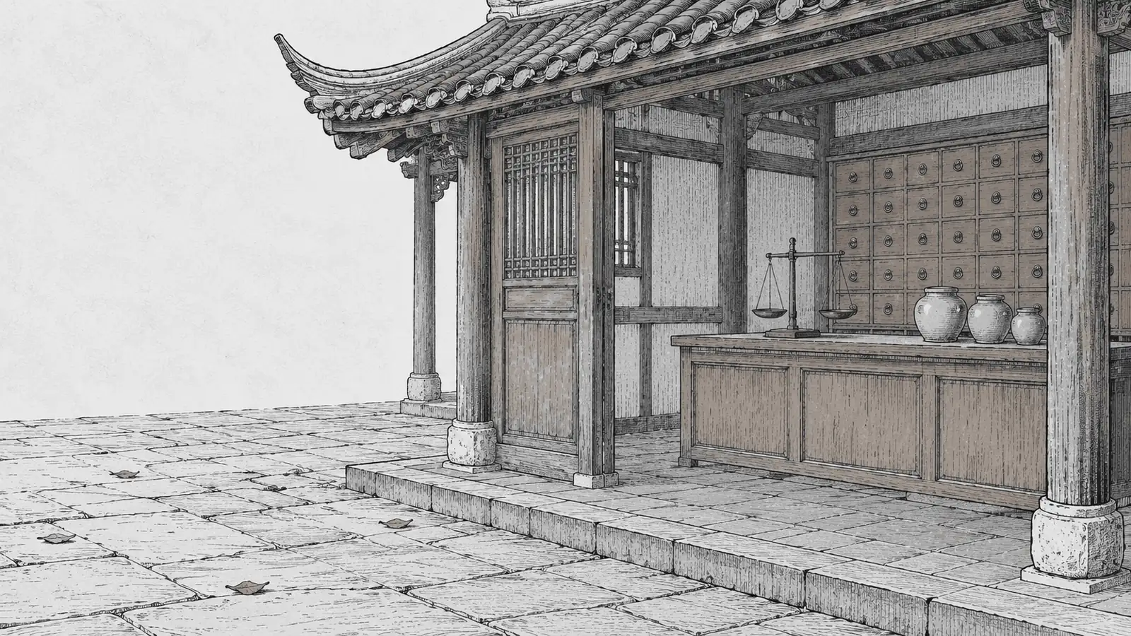 木刻淡彩：廟埕一角的廂房，屋簷下擺著木櫃台、藥秤與幾只瓷罐，後牆是一排藥櫃抽屜
