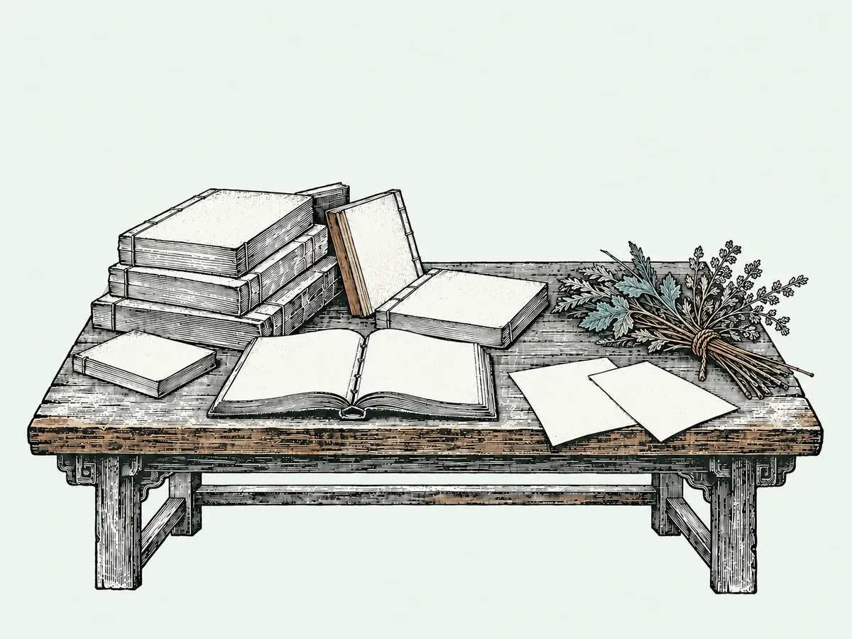 木刻淡彩:書案上疊放的書稿、攤開的空白書頁與一束乾燥植物標本