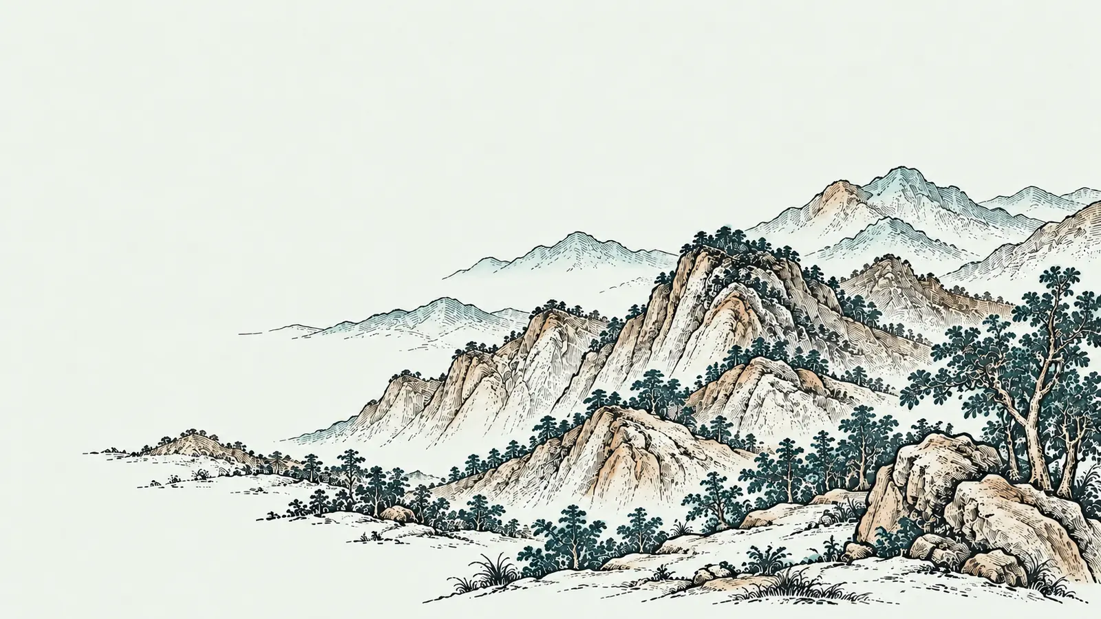木刻淡彩：太白山群峰遠景