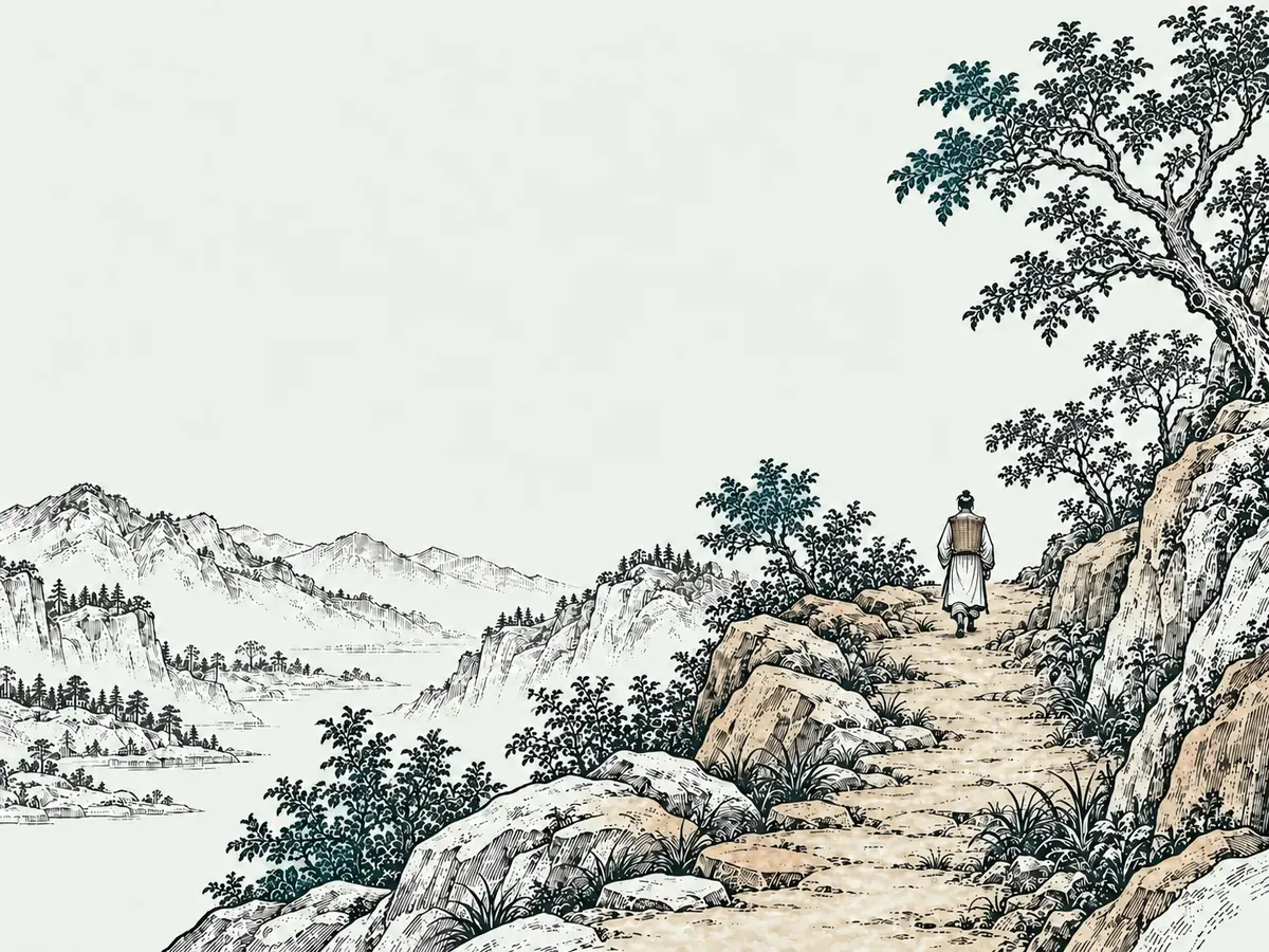 木刻淡彩：山路上背著藥簍的行旅背影，路旁岩石與松樹