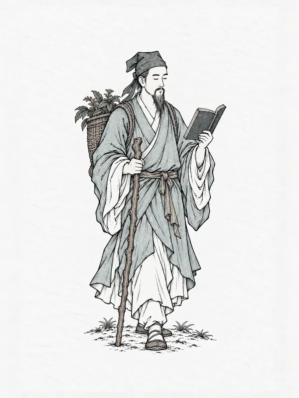 木刻淡彩：李時珍全身立像，背竹編藥簍，手持一冊線裝書與木杖