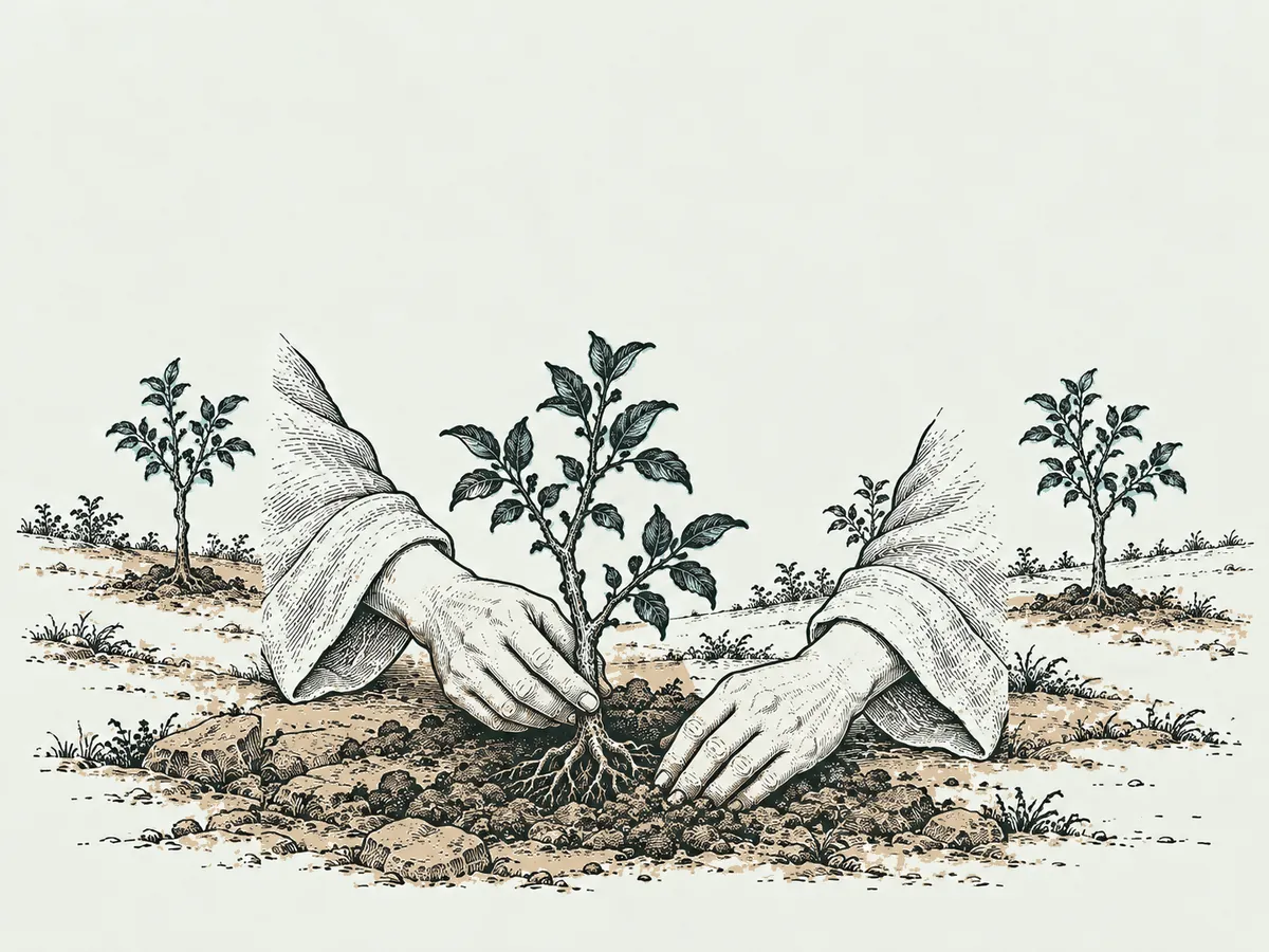 木刻淡彩：一雙手把小杏樹苗種進土裡，背景是幾株新種的小杏樹