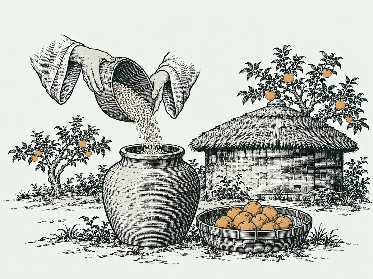 木刻淡彩：一雙手把穀倒進陶甕，旁邊一籃熟杏，背景是草頂穀倉與杏樹