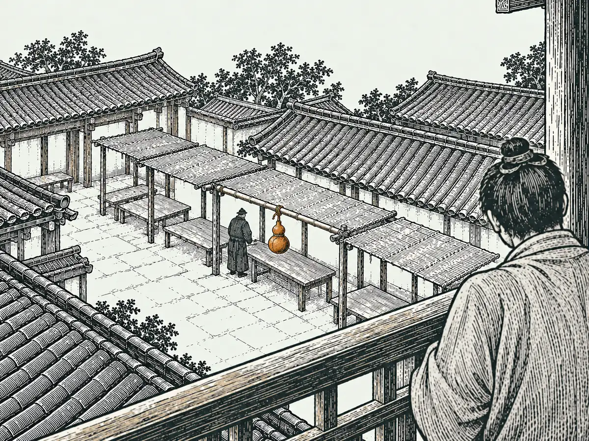 木刻淡彩:從樓上欄杆往下看市集,前景是費長房的背影,樓下攤位的竹竿掛著葫蘆,賣藥老翁是遠處的剪影