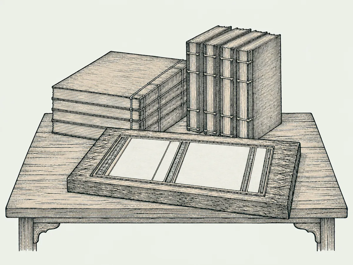 木刻淡彩:書案上的線裝書與木刻書版,書頁空白